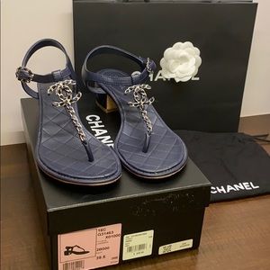 Chanel Quilted Leather Navy CC Logo Sandal